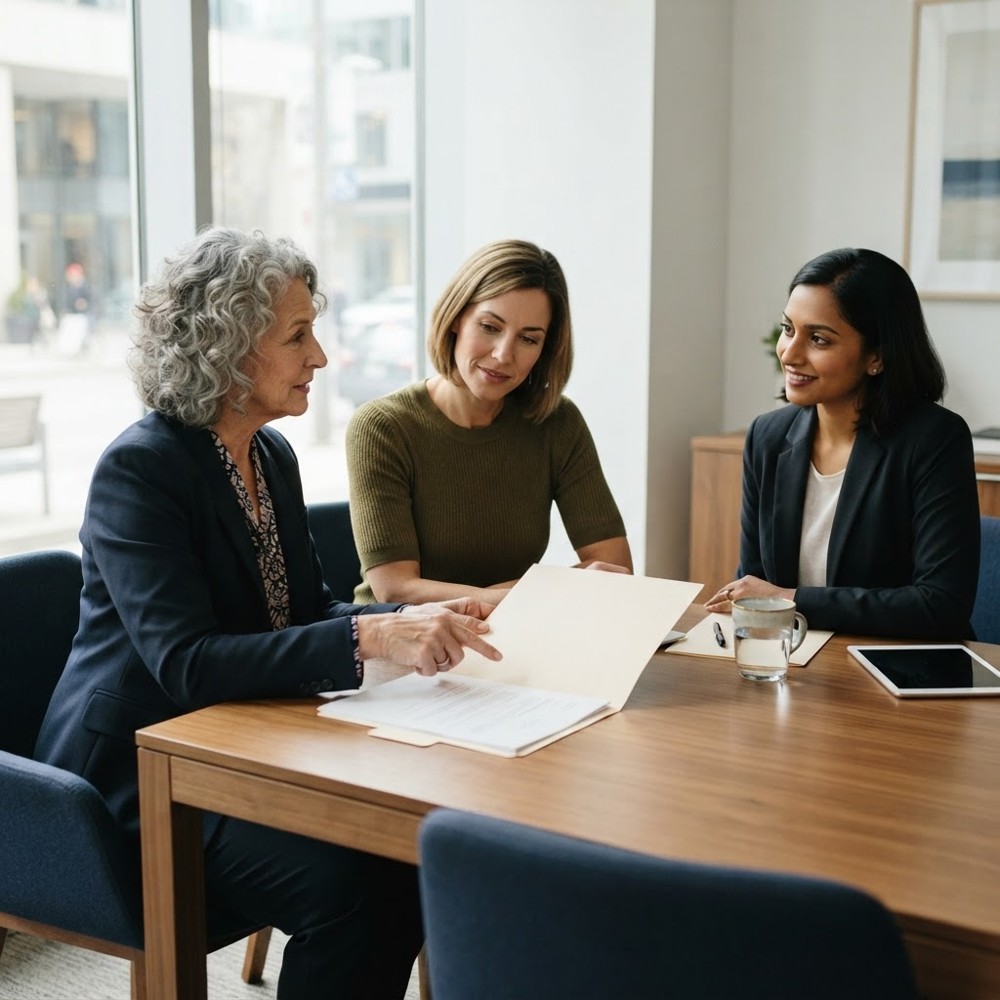 A woman and her adult daughter reviewing a document with a bank representative