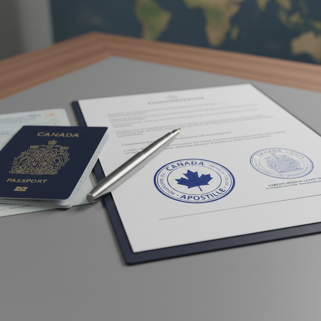 Apostille stamp on Canadian government document beside a passport