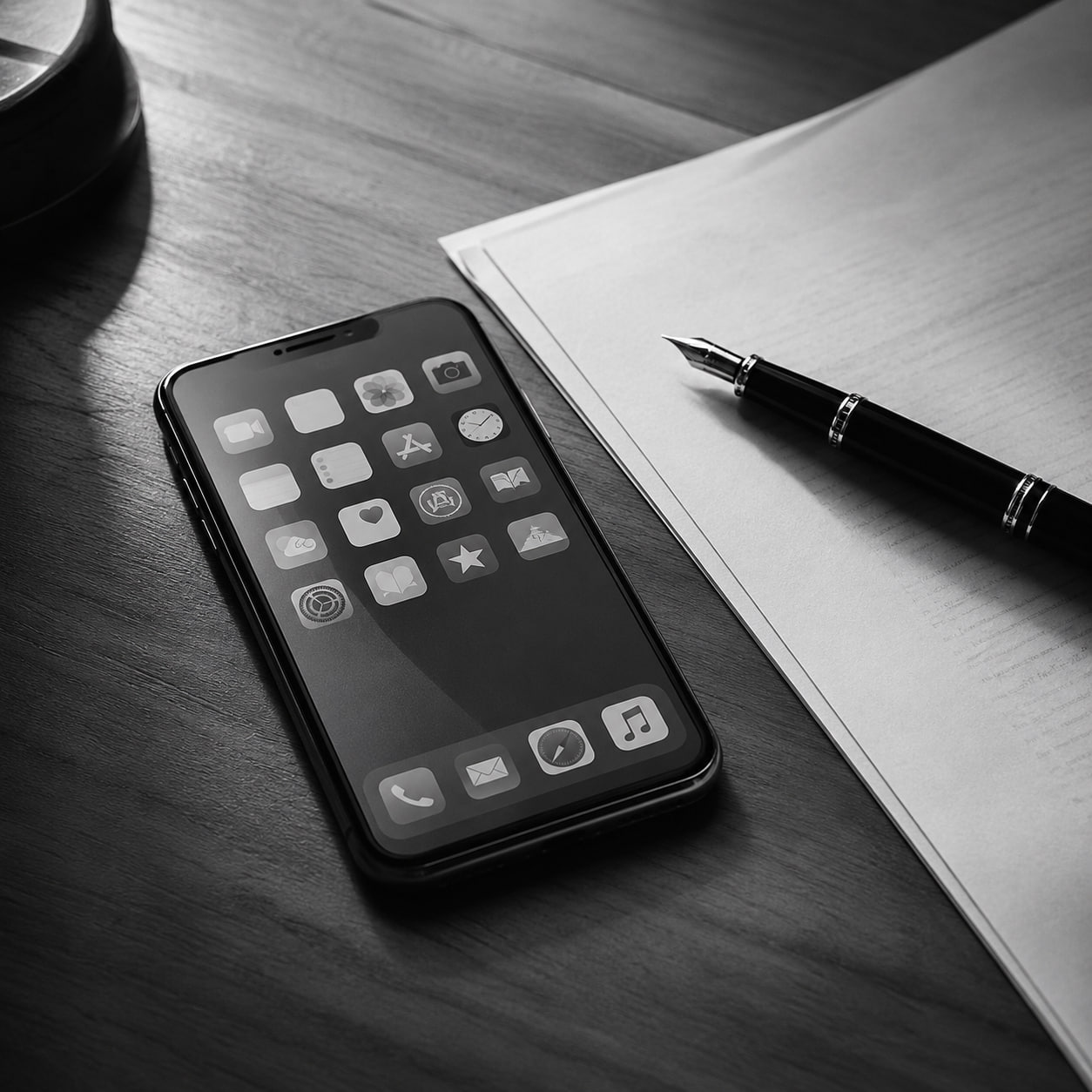 Smartphone with app icons beside a fountain pen and legal documents — digital accounts after death