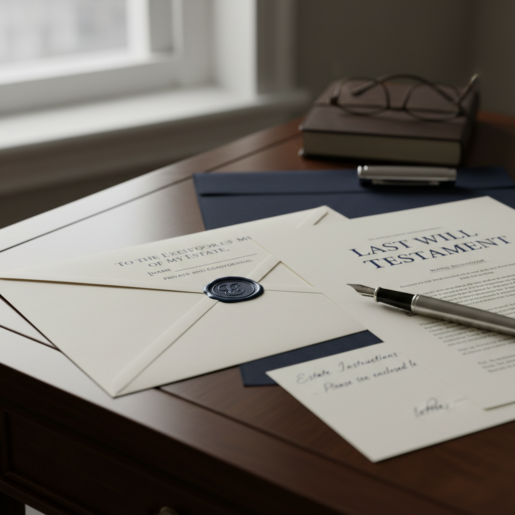 Sealed envelope addressed to executor beside a will — letter to your executor