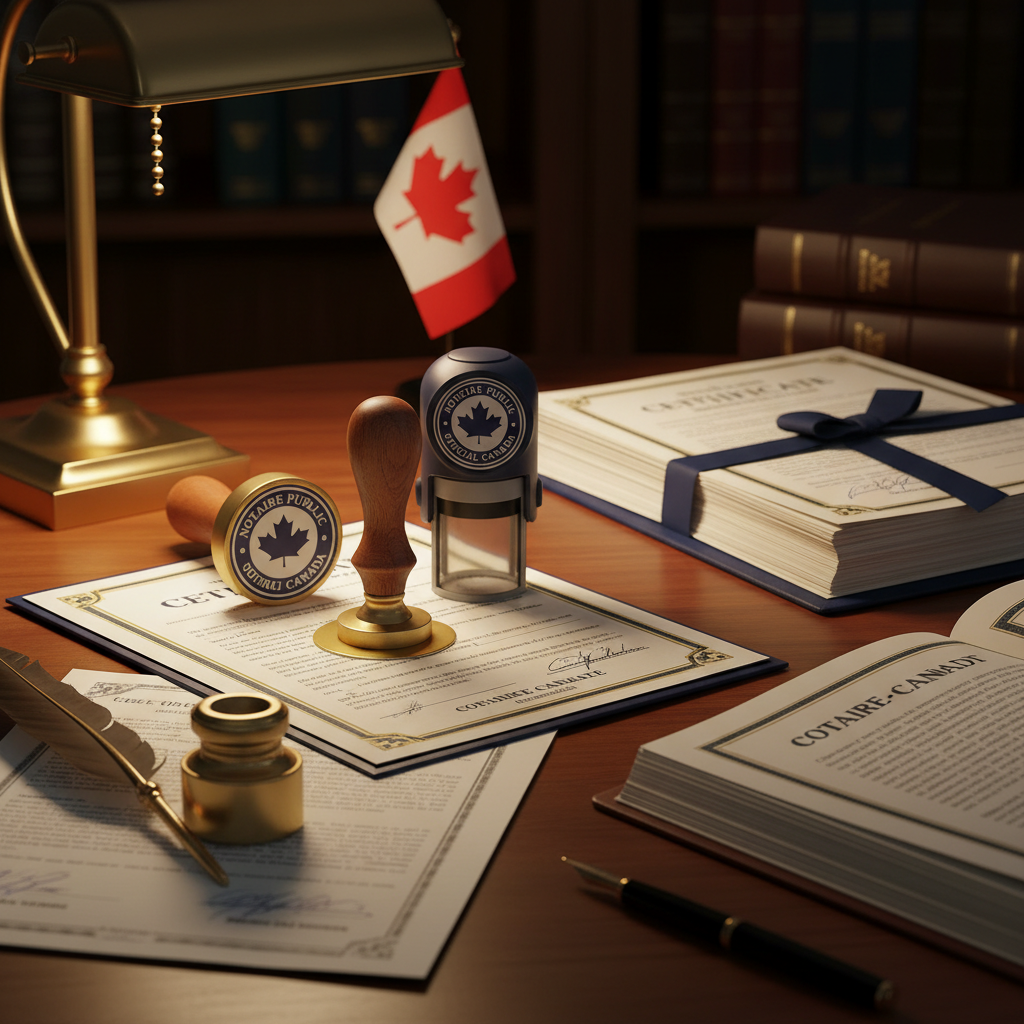 Notary public stamp and official seal beside legal documents in Nova Scotia