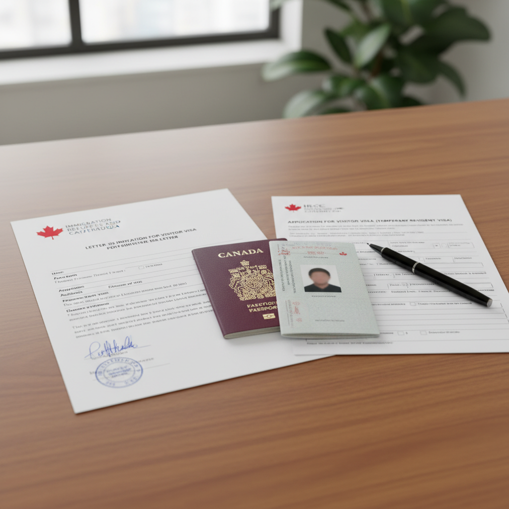 Notarized invitation letter beside a passport — Canadian visitor visa application
