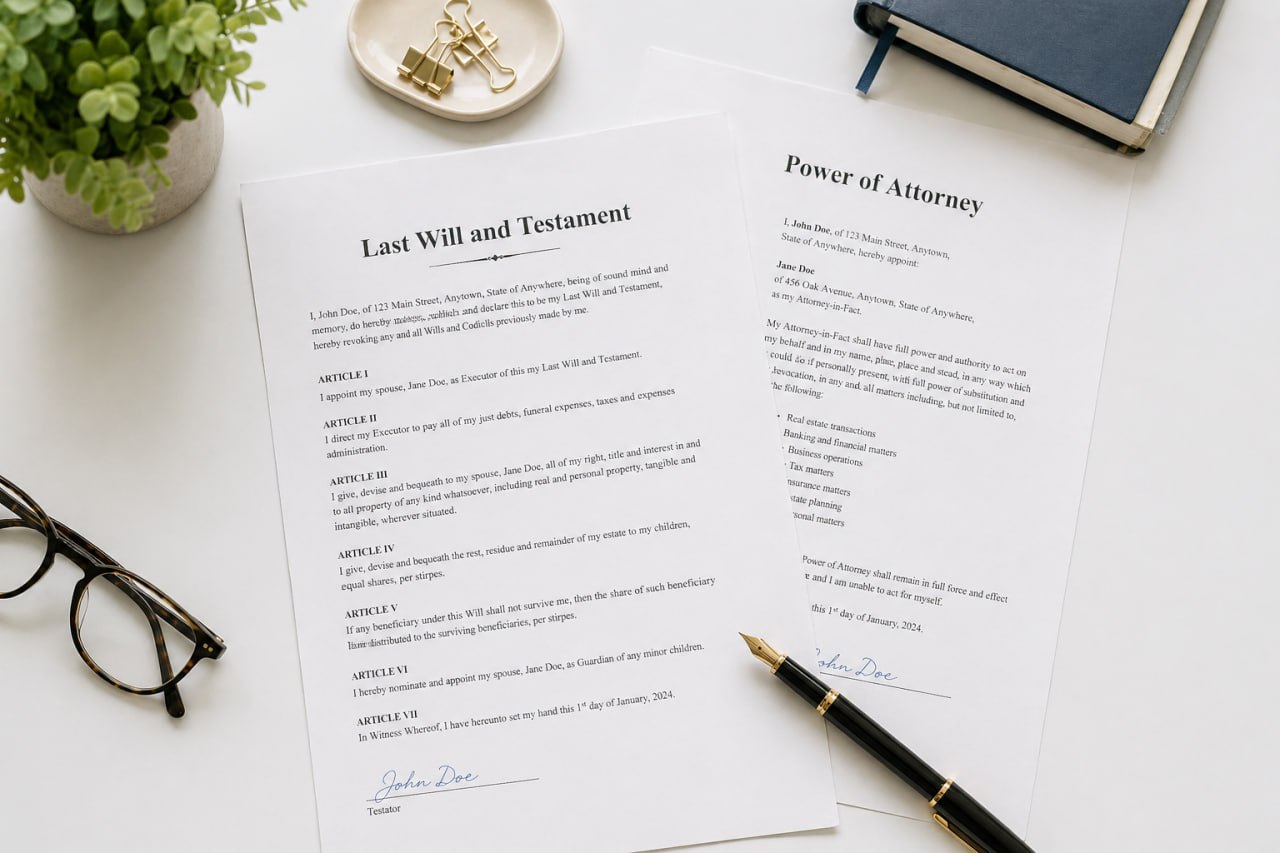 Essential estate planning documents including will, power of attorney, and personal directive