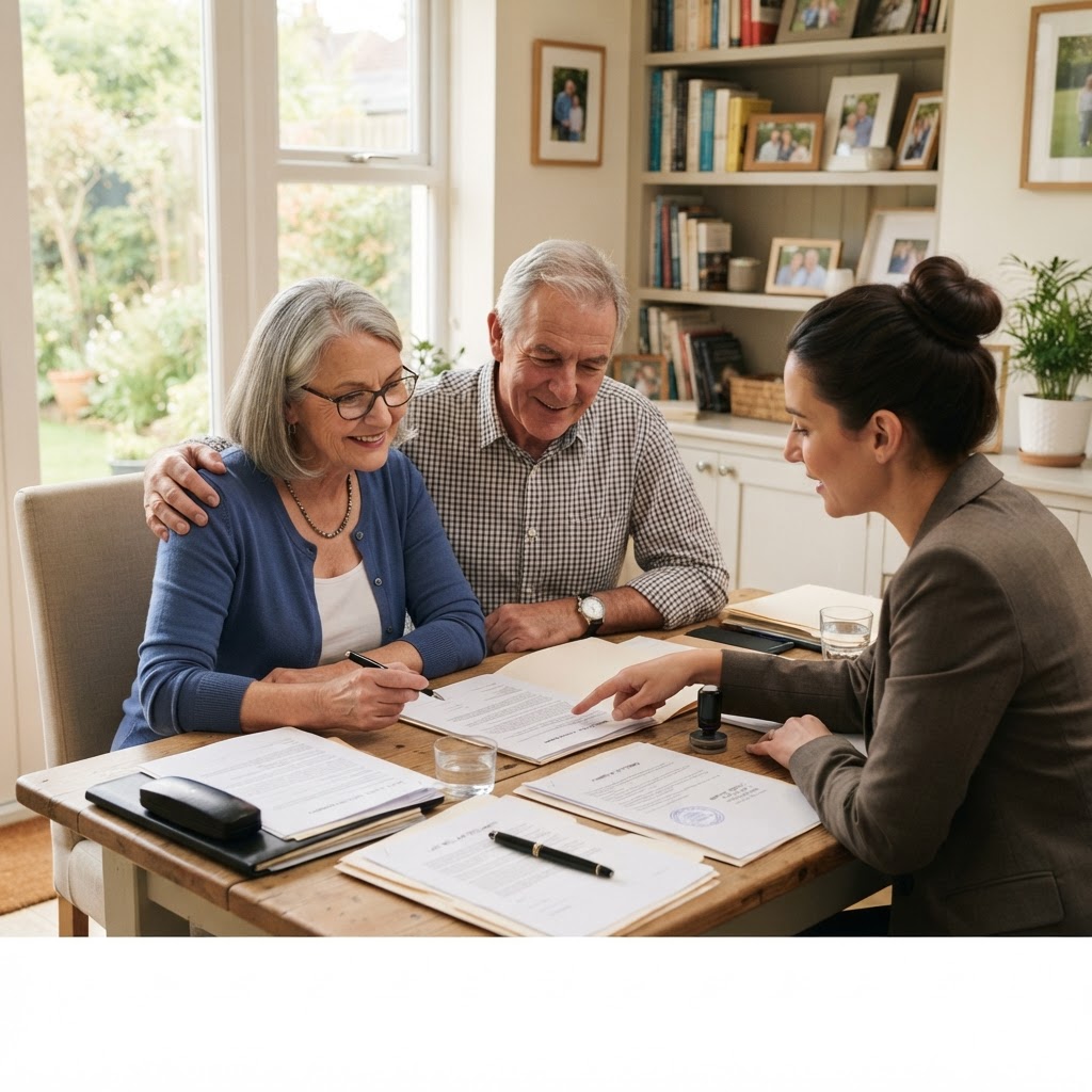 Couple reviewing estate planning documents with a notary in Nova Scotia
