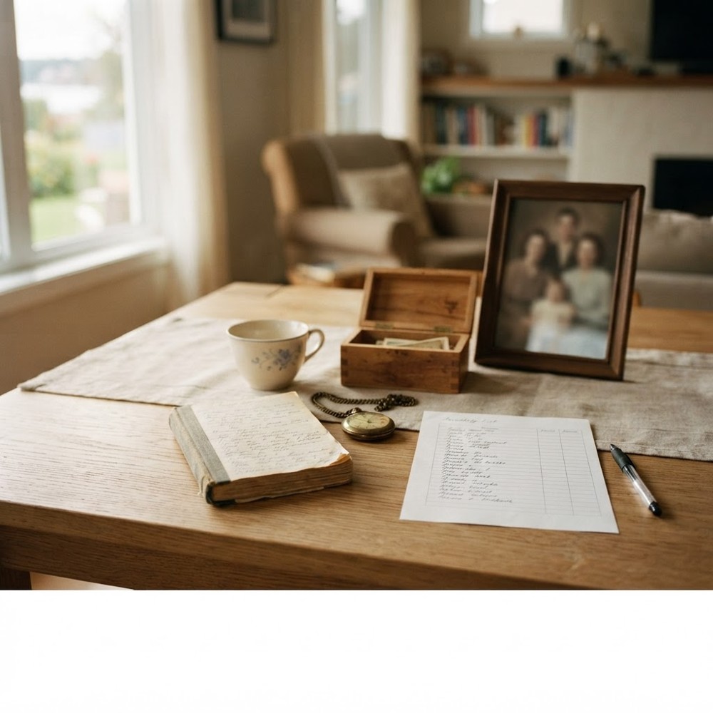 Sentimental family keepsakes arranged beside a written list