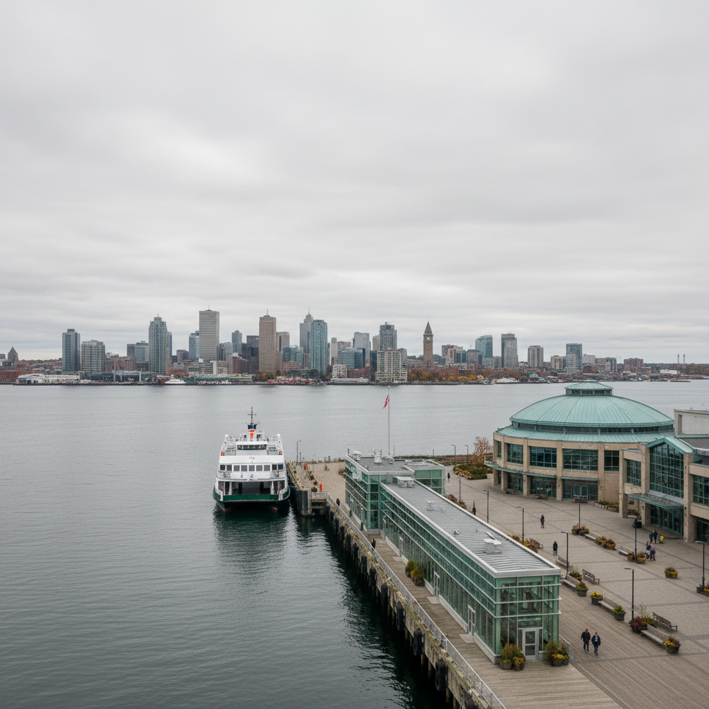 Downtown Dartmouth Nova Scotia — Alderney Landing waterfront with Halifax skyline across the harbour