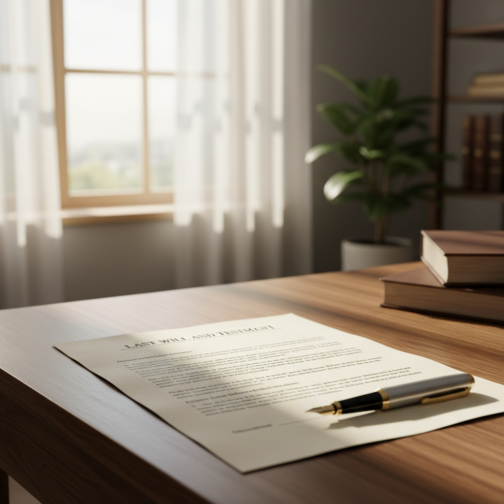 A will and testament document on a desk with a pen